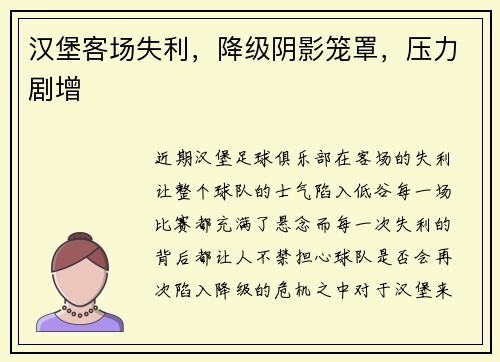 汉堡客场失利，降级阴影笼罩，压力剧增