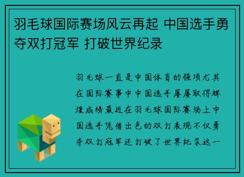 羽毛球国际赛场风云再起 中国选手勇夺双打冠军 打破世界纪录